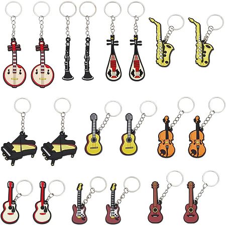 AHANDMAKER 20 Pcs Musical Instrument Keychains, 10 Styles Silicone Music Instrument Pendants Music Guitar Violin Piano Charms with Metal Key Rings for Music Party Favors Gifts Backpack Decor