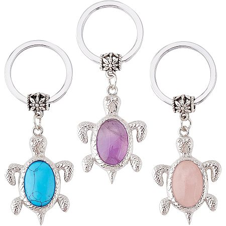 OLYCRAFT 3pcs Turtle Keychains Natural Amethyst Rose Quartz Keychains Alloy Synthetic Turquoise Sea Turtle Keyrings for Women Backpack Handbags Decoration Charms