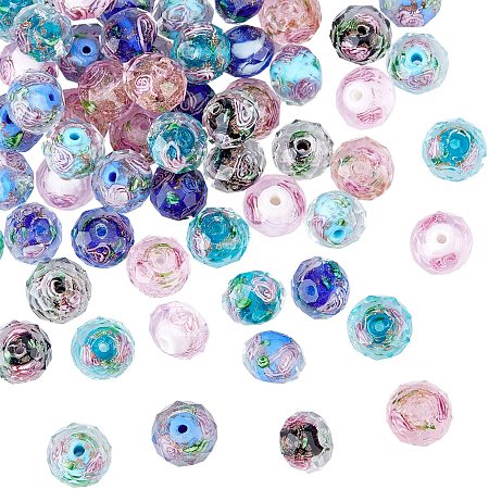 OLYCRAFT 70pcs Gold Sand Lampwork Beads with Inner Flower 2mm Hole Blue Crackle Lampwork Glass Beads Handmade Round Loose Beads for Bracelet Necklace Jewelry Making - 7 Colors