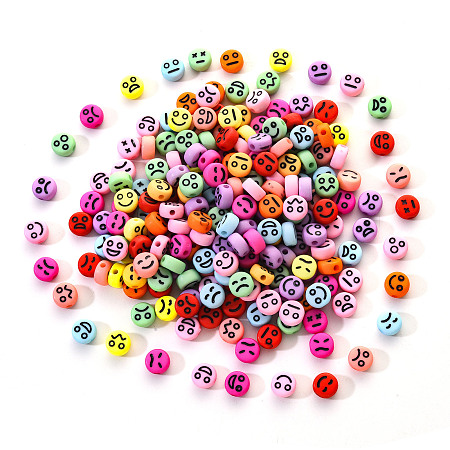 ARRICRAFT Opaque Acrylic Beads, Flat Round with Black Random Expression, Mixed Color, 7x4mm, Hole: 1.6mm; 200pcs/set