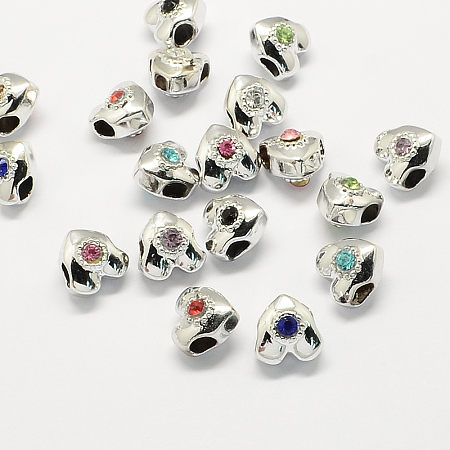 ARRICRAFT Mixed Color Alloy Rhinestone European Beads, Heart Large Hole Beads, Silver, 12x12x10mm, Oval Hole: 4~4.3x4.4~4.8mm