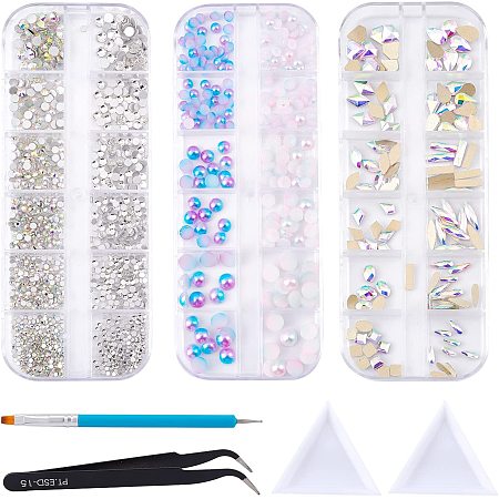 OLYCRAFT 7 Set Nails Cabochons Glass Rhinestone ABS Plastic Imitation Pearl Flat Back Nail Decors for Nail Art DIY Crafts Phones Clothes Shoes Resin Craft