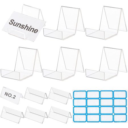 PandaHall Elite 16 Sets Display Stands Set, Mini Clear Sign Holder Acrylic Display Stands Blank Labels Sticker for Displaying Name Card Price Card Tag Label