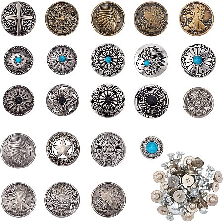 CHGCRAFT 22Pcs 22Styles Screw-on Antique Silver Turquoise Arabesque Indian Dragon Pentagram Cross Sakura Leather Craft Wallet Crafts Crafts