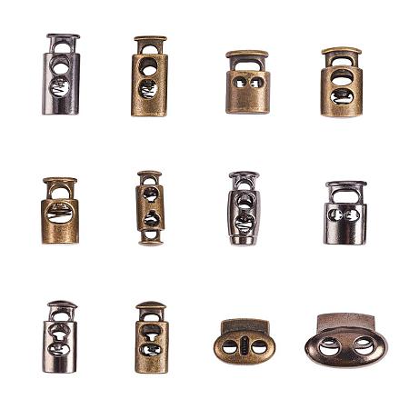 PandaHall Elite 24pcs 12 Styles Alloy Toggle Stoppers, Single/Double Hole Spring Loaded Stop Sliding Cord Fastener Locks Buttons for Backpacks Shoelace Replacement Antique Bronze Gunmetal