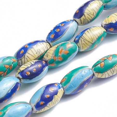 Arricraft Handmade Printed Porcelain Beads, Oval, Leaf Pattern, 14~16x8~9mm, Hole: 1.5~2mm, about 23pcs/Strand, 13.5 inch(34cm)