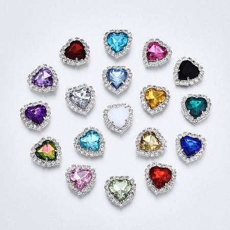 ARRICRAFT Acrylic Rhinestone Cabochons, with Crystal Rhinestones and Brass Rhinestones Findings, Heart, Faceted, Platinum, Mixed Color, 17.5x17x6~7mm