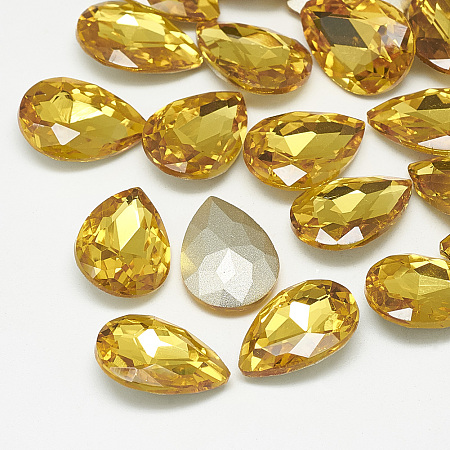 Honeyhandy Pointed Back Glass Rhinestone Cabochons, Back Plated, Faceted, teardrop, Topaz, 14x10x4.5mm