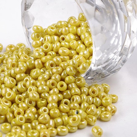Honeyhandy Glass Seed Beads, Opaque Colors Lustered, Round, Yellow, 3mm, Hole: 1mm, about 10000pcs/pound