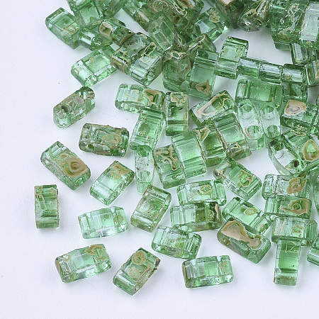 MIYUKI® 2-Hole Transparent Glass Seed Beads, Antique Style, Rectangle, LimeGreen, 4.5~5.5x2x2~2.5mm, Hole: 0.5~0.8mm