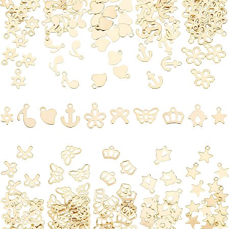 DICOSMETIC 200pcs 10 Styles 201 Stainless Steel Anchor/Flower/Musical Note/Pinwheel/Crown/Bowknot/Star/Penguin/Heart/Butterfly Charms Golden Hypoallergenic Charms for Jewelry Making