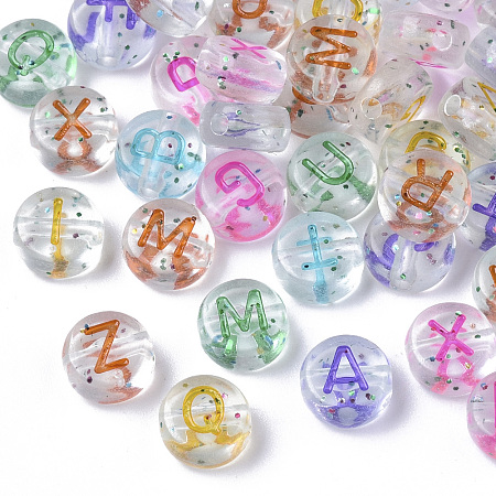Arricraft Transparent Spray Painted Acrylic Beads, with Glitter Powder, Flat Round with Letter, Mixed Color, 7x3.5mm, Hole: 1.2mm, about 3600pcs/500g