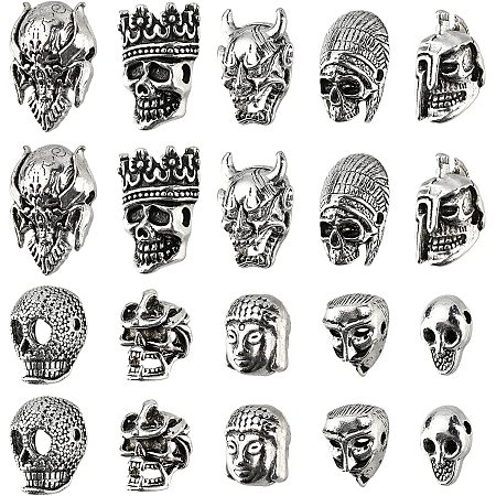 NBEADS 20 Pcs 10 Styles Tibetan Style Alloy Skull Beads, 10 Pcs Skull Head Beads 4 Pcs Mask Beads 4 Pcs Devil Head Beads and 2 Pcs Buddha Head Beads Charms, Spacer Beads for Gothic Punk Jewelry Making