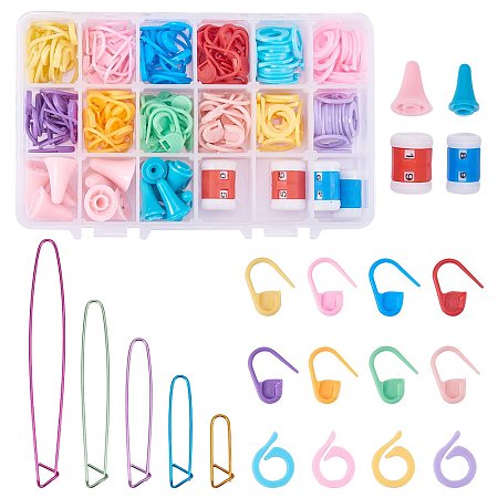 NBEADS 216pcs Knitting Tools Accessories Plastic Knitting Crochet Locking Stitch Markers Holders Needle Caps Stitch Maker Counter Brooch Findings, Mixed Color