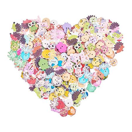 PandaHall Elite 200 pcs 7 Styles 2-Hole Printed Wooden Craft Buttons Sewing Buttons Sewing Fasteners for Knitting DIY Crafts Mixed Colors