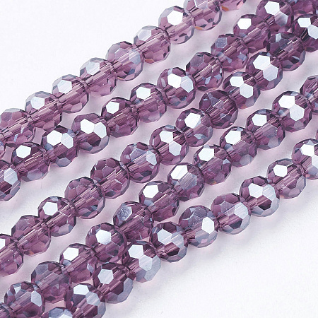 Honeyhandy Electroplate Glass Bead Strands, Pearl Luster Plated, Faceted, Round, Purple, about 4mm in diameter, hole: 0.5mm, about 100pcs/strand, 14.2 inch