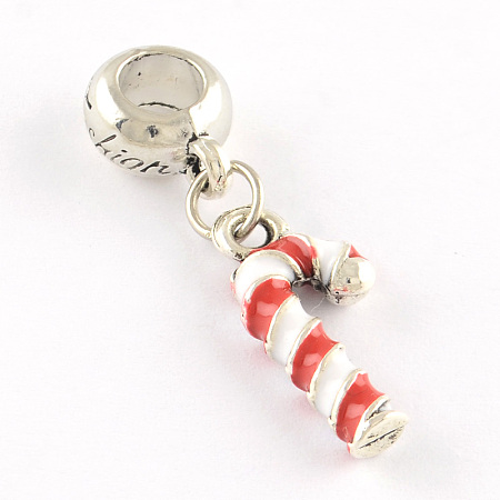 Honeyhandy Antique Silver Plated Christmas Candy Cane Alloy Enamel European Dangle Charms, Large Hole Pendants, Dark Red & White, 33x9x5mm, Hole: 5mm