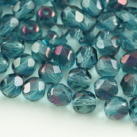 Nbeads Czech Fire Polished Glass Beads, Faceted, Drum, LightSeaGreen, 6x6mm, Hole: 1mm; about 37pcs/10g