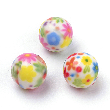 Arricraft Opaque Printed Acrylic Beads, Round with Flower Pattern, Colorful, 10x9.5mm, Hole: 2mm