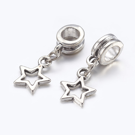 Honeyhandy Alloy European Dangle Charms, Star, Antique Silver, 23mm, Hole: 5mm