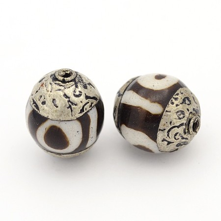 Honeyhandy Tibetan Style dZi Beads, Natural Agate Beads, with Tibetan Style Alloy Findings, Round, Black, 14.5~16x11.5~13mm, hole: 1mm