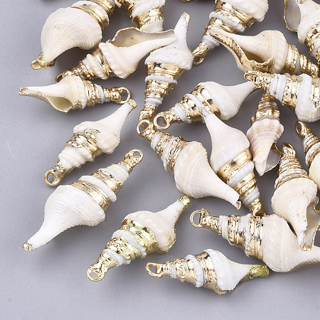 Electroplate Spiral Shell Pendants, with Iron Findings, Light Gold, Creamy White, 28~35x10~15x8~14mm, Hole: 2mm
