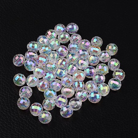 Honeyhandy Faceted Eco-Friendly Transparent Acrylic Round Beads, AB Color, Clear AB, 8mm, Hole: 1.5mm