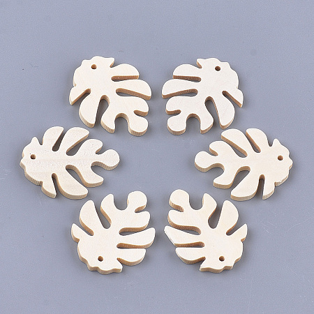 CHGCRAFT Wood Pendants, Tropical Leaf Charms, Undyed, Monstera Leaf, Floral White, 29.5x23x2.5mm, Hole: 1.5mm
