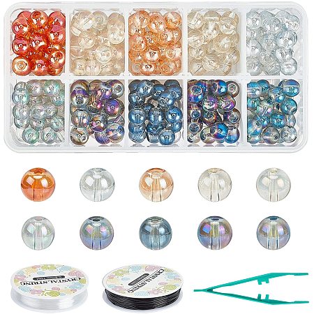 DIY Jewelry Set Kits, with Electroplate Glass Beads, Plastic Fuse Bead Tweezers and Elastic Crystal Thread, Mixed Color, 7.5x8.5mm, Hole: 1mm, 10 colors, 25pcs/color, 250pcs