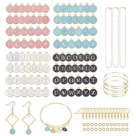 ARRICRAFT DIY Jewelry Set Making Kits, include Iron Earring Hooks & Cable Chains Necklace Makings & Bangle Making, 26 Letters Alloy Enamel Charms, Mixed Color