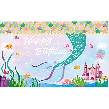 FINGERINSPIRE 71x43 inch Birthday Banner with Hanging Rope Colorful Ocean Background Party Supplies Rectangle Polyester Hanging Sign with Mermaid Pattern for Outdoor & Indoor Decor