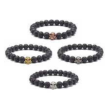 Honeyhandy Natural Lava Rock Round Beads Stretch Bracelet, Skull Tibetan Style Alloy Bead Bracelet, Anti Depression and Anxiety Relief Items Gifts For Men Women, Mixed Color, Inner Diameter: 2-1/8 inch(5.5cm)