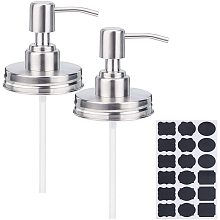 BENECREAT 4 Packs Stainless Steel Replacement Pump Dispenser Rust Proof Stainless Steel Lids with Sticker Labels, Pine Wood Pendants and Elastic Cord for Hand Soap, Dish Soap, Lotions