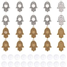 SUPERFINDINGS 40 Sets 2 Colors Tibetan Styles Alloy Hamsa Hand Pendant Trays Round Blank Bezel with 10mm Glass Cabochon Round Clear Dome Tiles for Crafting DIY Jewelry Making