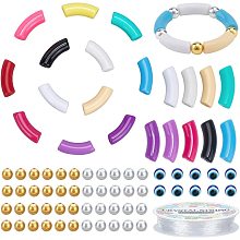 PandaHall Elite 122pcs Acrylic Tube Beads, 12 Colors Curved Bamboo Beads Chunk Slide Beads Noodle Loose Beads with Spacer Beads and Thread for Summer Friendship Bamboo Bracelet Keychain Jewelry Making