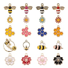 40Pcs 20 Style Alloy Enamel Pendant, with Rhinestone & Epoxy Resin, Bee & Honeycomb & Flower, Light Gold, Mixed Color, 14~22.5x12~22.5x1.5~4mm, Hole: 1.6~2mm, 2pcs/style