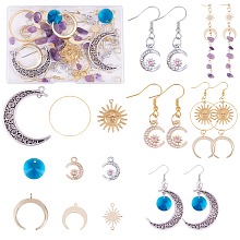 DIY Moon & Star Earrings Making Kit, Including Brass Pendants & Links & Stud Earring Findings, Natural Amethyst Chip Beads, Alloy & Glass Pendant, Iron Earring Hooks, Mixed Color