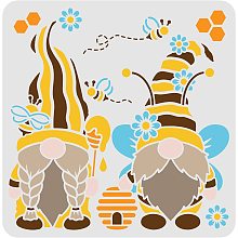 FINGERINSPIRE 2 Gnomes Stencils Decoration Template 11.8x11.8 inch Plastic Gnome with Bees Honey Drawing Painting Stencils Square Reusable Stencils for Painting on Wood, Floor, Wall and Tile