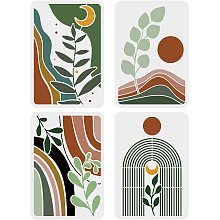 FINGERINSPIRE 4PCS Boho Sunrise Stencil 11.7x8.3 inch Tropical Plant Leaves Stencil Sun Moon Reusable Stencils Large Valley Scene Stencils Template River Painting Stencil for Wood Canvas Paper