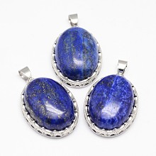 Honeyhandy Natural Lapis Lazuli Pendants, with Brass Findings, Oval, Dyed, Platinum, 30x21x10~11mm, Hole: 6x4mm