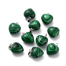 Honeyhandy Synthetic Malachite Pendants, with Platinum Brass Loops, Heart, 18~19x15~15.5x6~8mm, Hole: 6x2.5~3mm