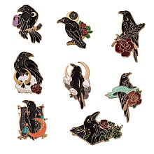 Honeyhandy 8Pcs 8 Style Crow Bird Enamel Pin, Alloy Enamel Brooch for Backpack Clothing, Light Gold, Mixed Color, 28~36x19~25x10mm, Pin: 1mm, 1pc/style