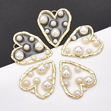 Honeyhandy Epoxy Resin Pendants, with Alloy Findings and ABS Plastic Imitation Pearl, Heart, Light Gold, Clear, 36x31x8mm, Hole: 2mm