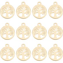 UNICRAFTALE 12pcs Golden Flat Round with Tree Charms Stainless Steel Pendants Metal Small Hole Charms for Necklaces Bracelets Jewelry Making, Hole 1.2mm