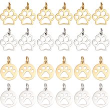 UNICRAFTALE 24pcs 2 Colors Flat Round with Dog Paw Prints Charm 2 Styles Dangle Hypoallergenic Charms Stainless Steel Pendants 13~14mm