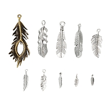 20Pcs 10 Style Tibetan Style Alloy Pendant, Cadmium Free & Lead Free, Feather, Antique Silver, 15~72x4.5~28x1~5mm, Hole: 1~4mm, 2pcs/style