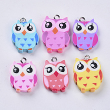 Honeyhandy Handmade Polymer Clay Pendants, with Platinum Plated Iron Loops, Owl, Mixed Color, 22~25x15.5~18x3~4.5mm, Hole: 1.8mm