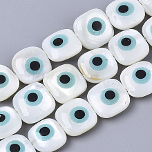 ARRICRAFT Natural Freshwater Shell Beads, with Enamel, Square with Evil Eye, Sky Blue, 10x10x4mm, Hole: 0.8mm