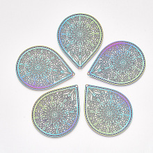 Arricraft Ion Plating(IP) 304 Stainless Steel Filigree Big Pendants, Etched Metal Embellishments, teardrop, with Floral, Rainbow Color, 51.5x40x0.2mm, Hole: 1.4mm