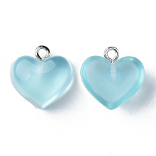 Honeyhandy Transparent Resin Pendants, with Platinum Tone Iron Loop, Heart, Light Sky Blue, 16.5x17x9.5mm, Hole: 1.8mm